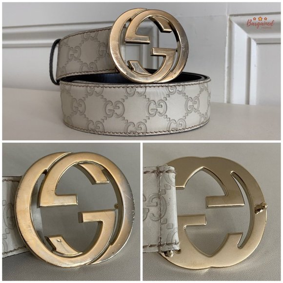 Authentic Gucci Cream Guccissima Leather Gold Interlocking G Buckle Belt 85/34 - Picture 2 of 13